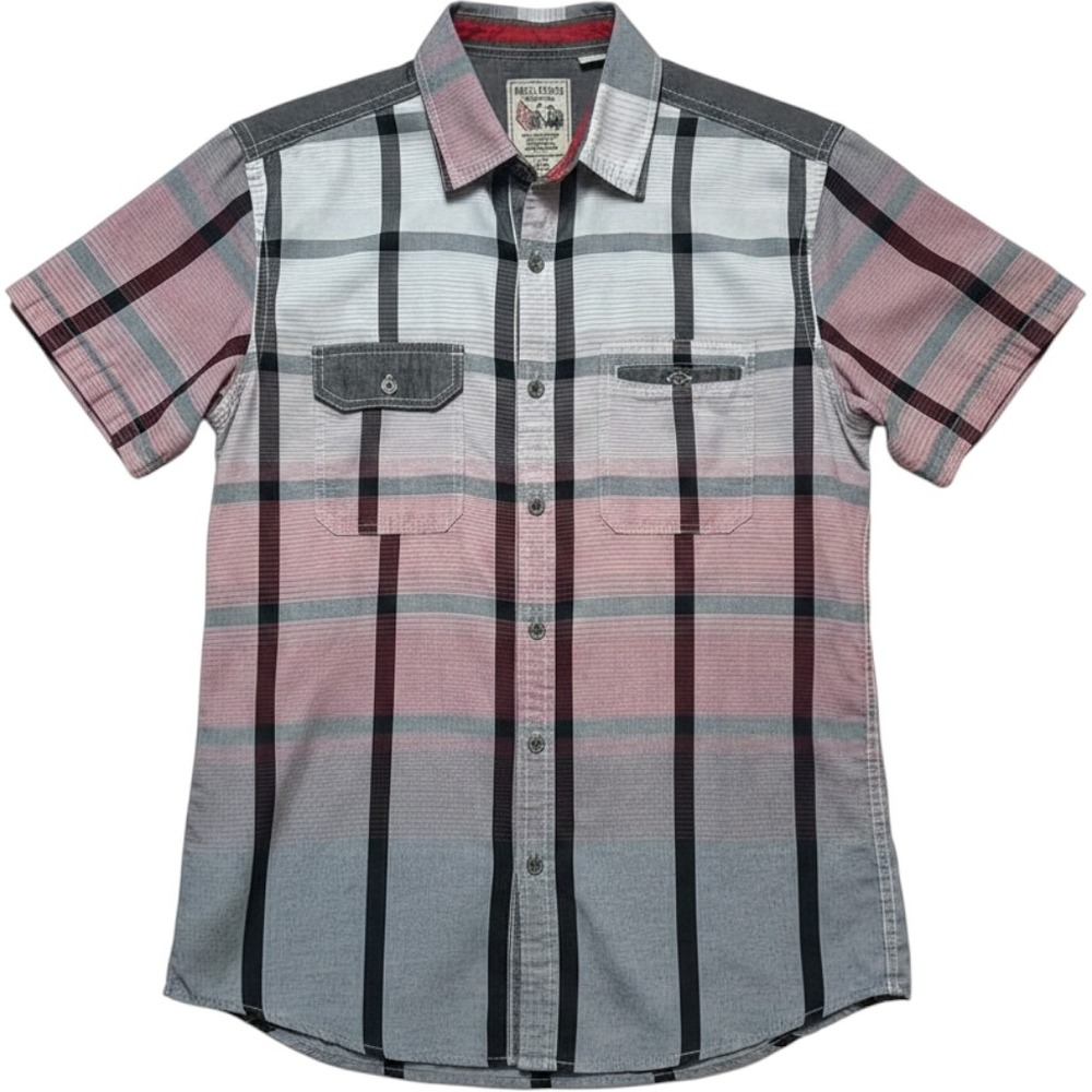 Swiss Cross Mens‎ Plaid Button Down Shirt Short Sleeve Ombre Pink Grey Small